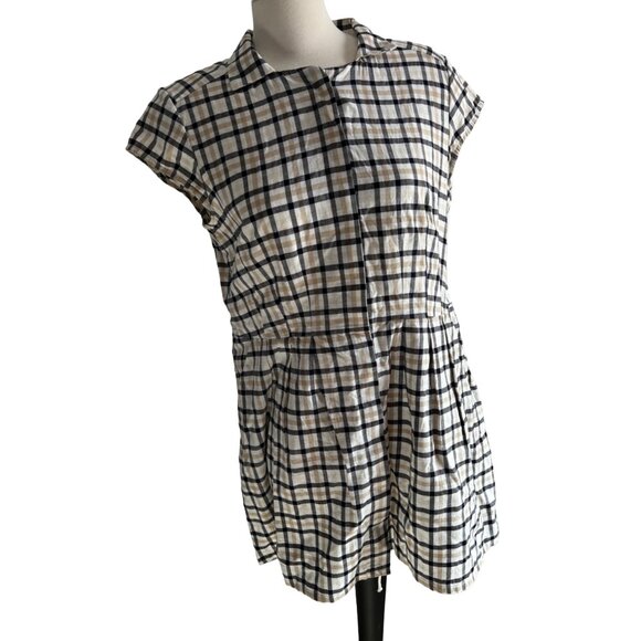 Pendleton Plaid Mini Dress Sz 12 (M/L) Womens Navy Blue Tan Short Sleeve Button - Picture 10 of 16
